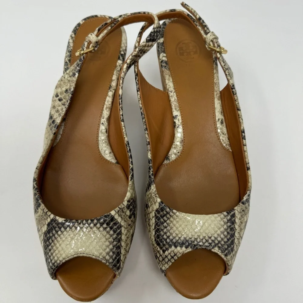 Tory Burch Rosalind Snakeskin Embossed Leather Cork Platform Wedge Sandals